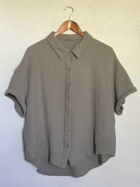 Share Womens Gray Button Down Shirt Blouse Top 100% Cotton Gauze Size Plus 1X